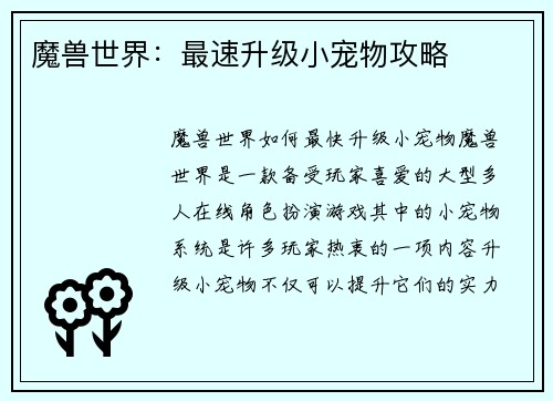魔兽世界：最速升级小宠物攻略